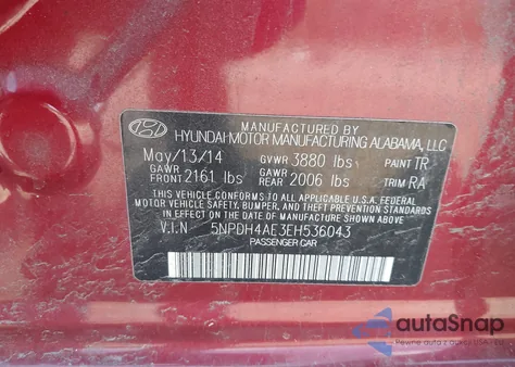 2014 Hyundai Elantra Se from USA, damaged, VIN 5NPDH4AE3EH536043